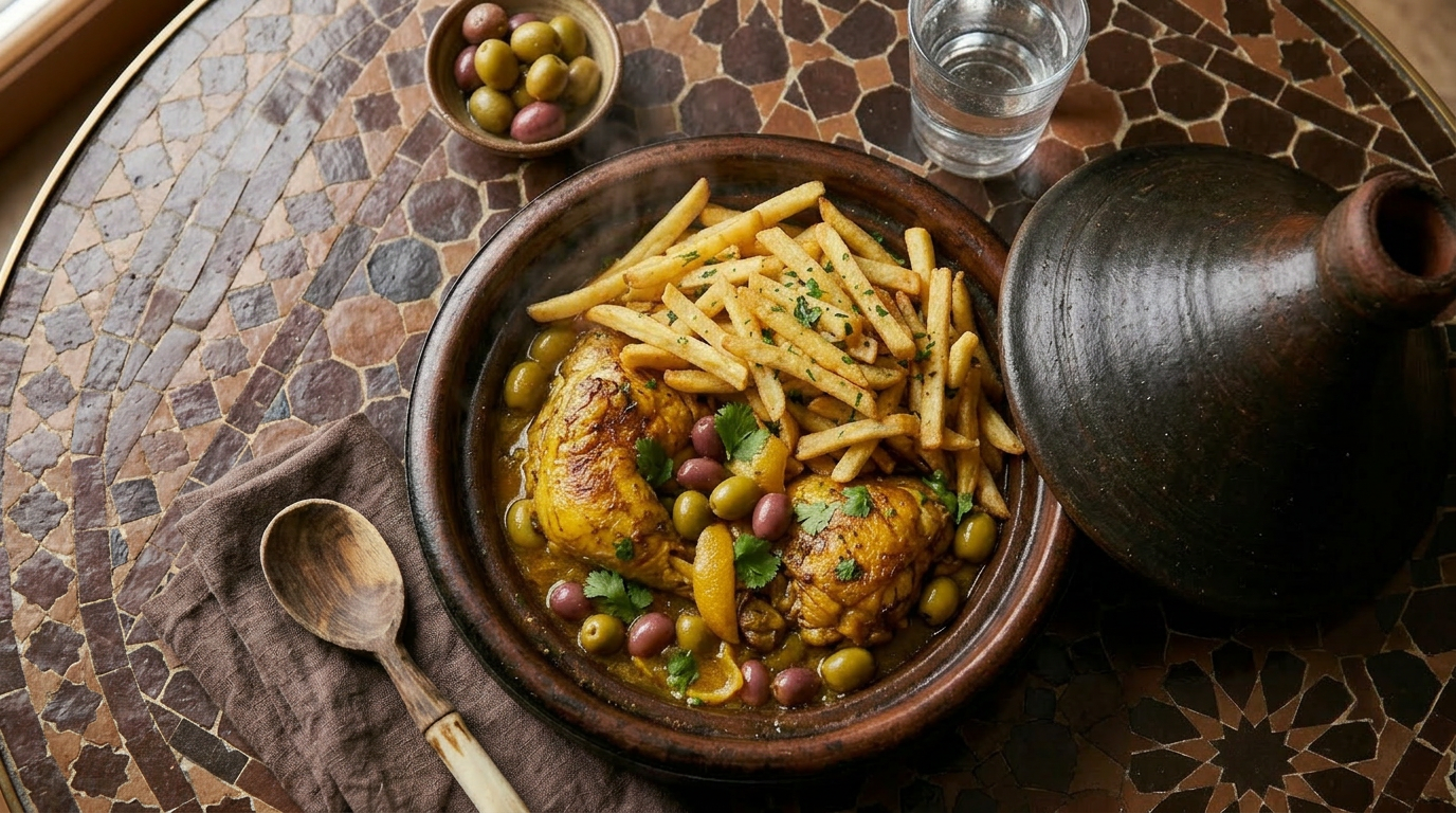 Moroccan chicken tajine with olive and fries 3
